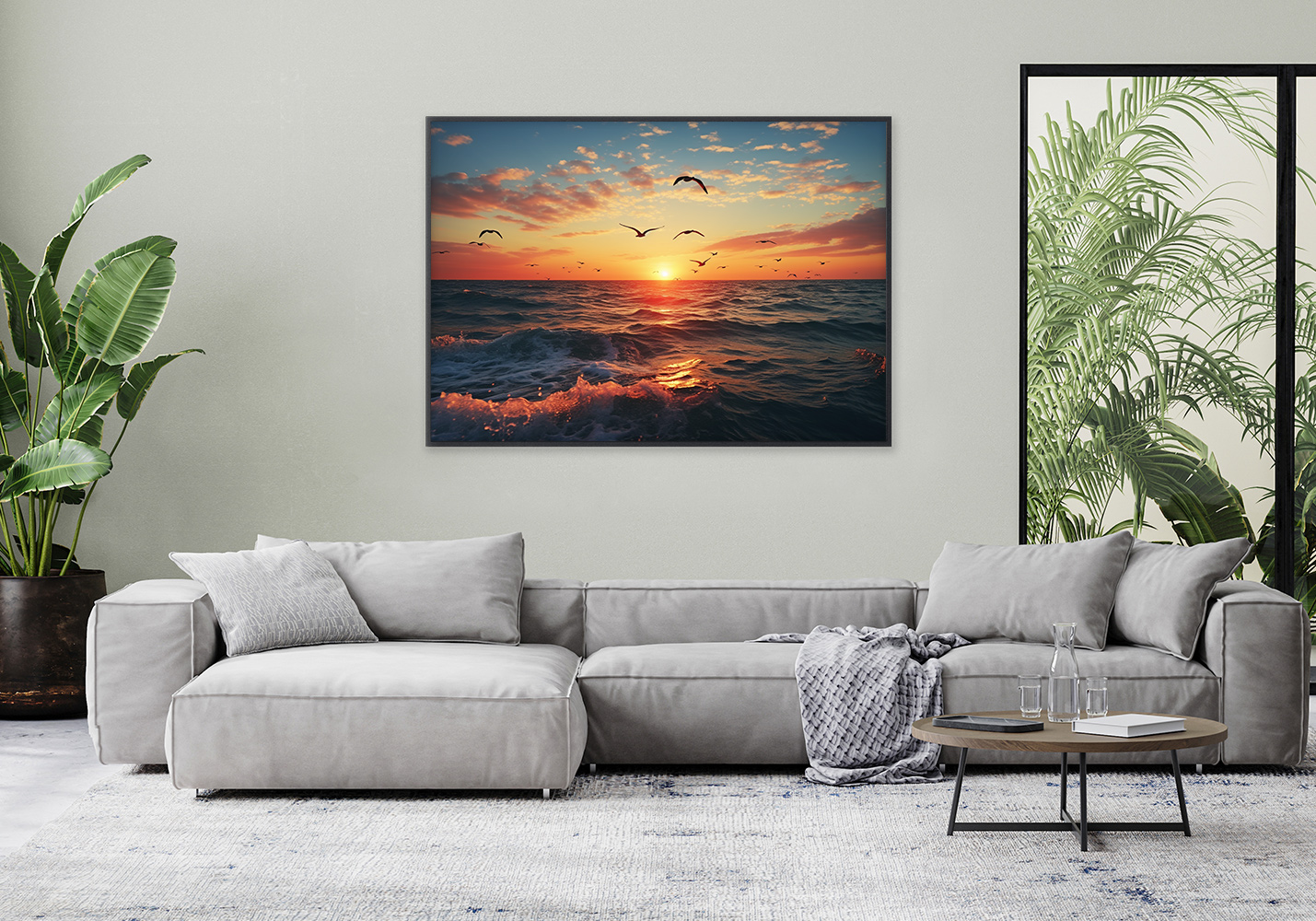 Ocean with birds at sunset